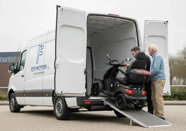 Een For Motion scootmobiel wordt uit de bus geladen voor een proefrit; de accu zit onder de zitting