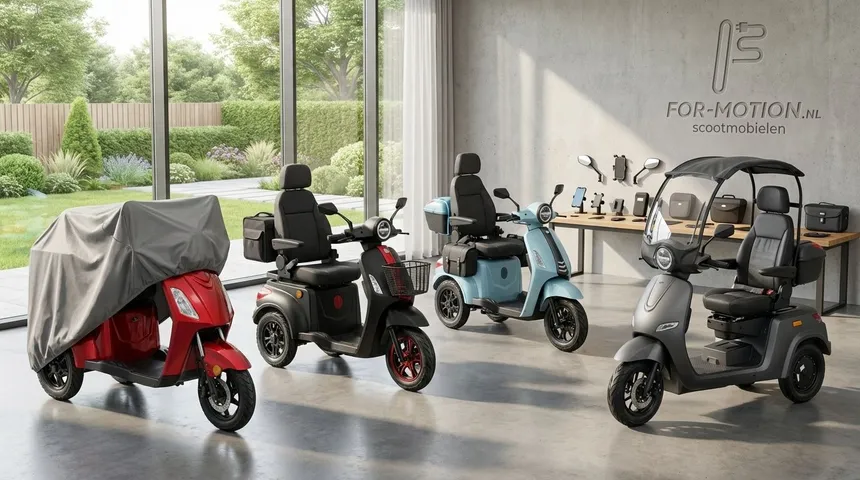 Een comfortabele scootmobiel met een mandje voorop, rijdend door een park.