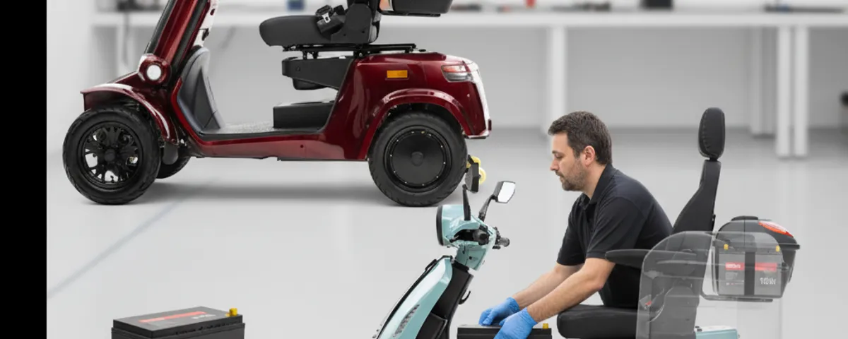 Vergelijking tussen een traditionele zware lood-accu en een moderne, lichte lithium scootmobiel accu.